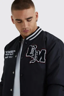 Nylon Varsity Jacket With Badges | BoohooMAN UK