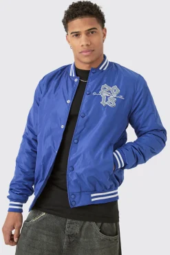 Official Badge Nylon Varsity Bomber Jacket In Blue | BoohooMAN UK