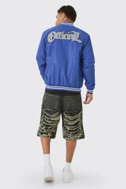 Official Badge Nylon Varsity Bomber Jacket In Blue | BoohooMAN UK