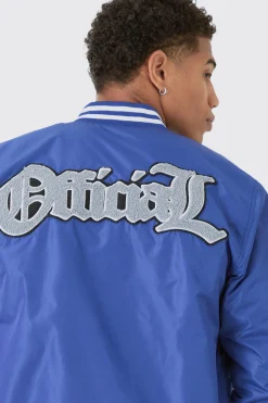 Official Badge Nylon Varsity Bomber Jacket In Blue | BoohooMAN UK