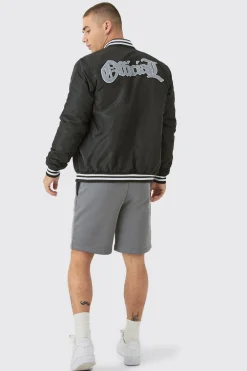 Official Badge Nylon Varsity Bomber Jacket In Black | BoohooMAN UK