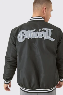 Official Badge Nylon Varsity Bomber Jacket In Black | BoohooMAN UK