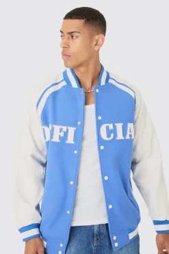 Official Badge Raglan PU Sleeve Varsity Jacket In Light Blue | BoohooMAN UK