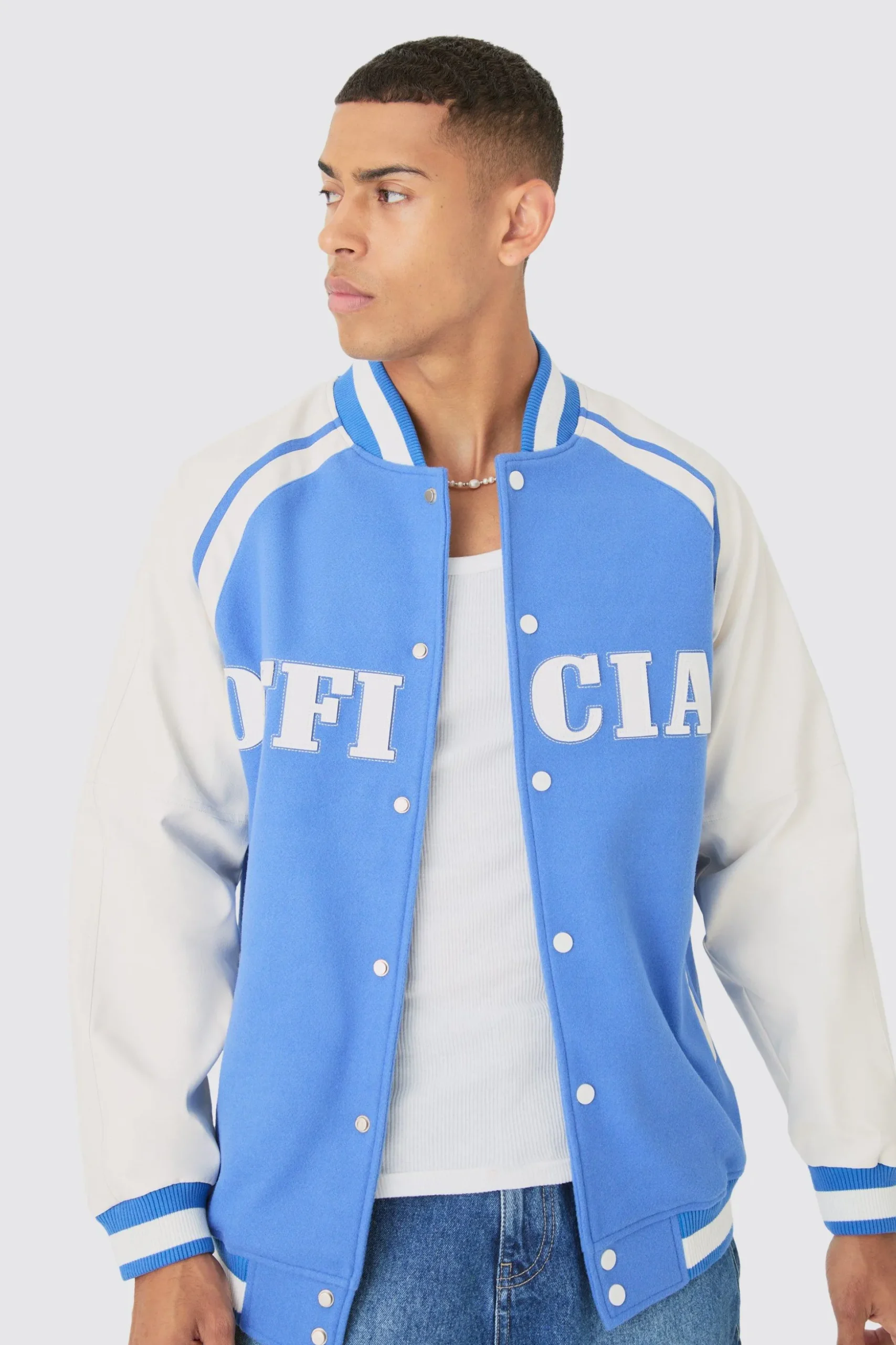 Official Badge Raglan PU Sleeve Varsity Jacket In Light Blue | BoohooMAN UK