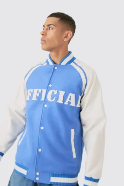 Official Badge Raglan PU Sleeve Varsity Jacket In Light Blue | BoohooMAN UK