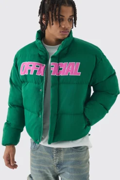 Official Boxy Funnel Neck Mesh Puffer Coat In Green | BoohooMAN UK