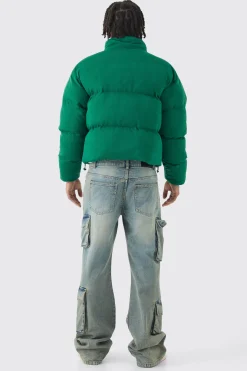 Official Boxy Funnel Neck Mesh Puffer Coat In Green | BoohooMAN UK