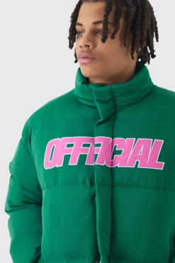 Official Boxy Funnel Neck Mesh Puffer Coat In Green | BoohooMAN UK