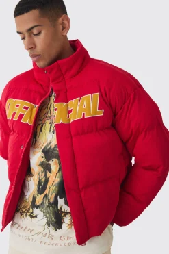 Official Boxy Funnel Neck Mesh Puffer Coat In Red | BoohooMAN UK