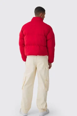Official Boxy Funnel Neck Mesh Puffer Coat In Red | BoohooMAN UK