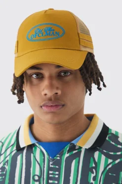 Official Embroidered Mesh Panel Cap In Yellow | BoohooMAN UK