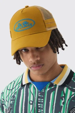 Official Embroidered Mesh Panel Cap In Yellow | BoohooMAN UK