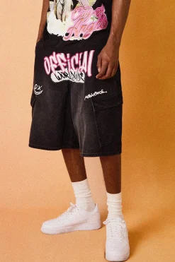 Official Graphic Cargo Pocket Denim Parachute Jorts In Black | BoohooMAN UK