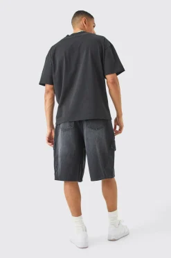 Official Graphic Cargo Pocket Denim Parachute Jorts In Black | BoohooMAN UK
