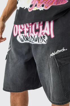 Official Graphic Cargo Pocket Denim Parachute Jorts In Black | BoohooMAN UK