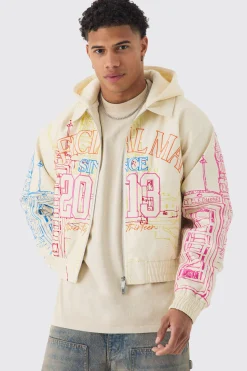 Official Man Boxy Hooded Embroidered PU Bomber Jacket | BoohooMAN UK