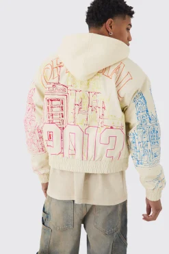 Official Man Boxy Hooded Embroidered PU Bomber Jacket | BoohooMAN UK