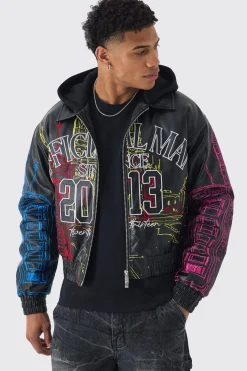Official Man Boxy Hooded Embroidered PU Bomber Jacket | BoohooMAN UK