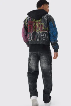 Official Man Boxy Hooded Embroidered PU Bomber Jacket | BoohooMAN UK