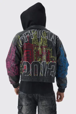 Official Man Boxy Hooded Embroidered PU Bomber Jacket | BoohooMAN UK