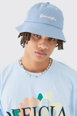 Official Man Embroidered Bucket Hat In Dusty Blue | BoohooMAN UK