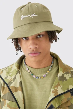 Official Man Embroidered Bucket Hat In Khaki | BoohooMAN UK