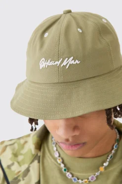 Official Man Embroidered Bucket Hat In Khaki | BoohooMAN UK