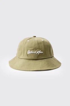 Official Man Embroidered Bucket Hat In Khaki | BoohooMAN UK