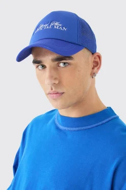 Official Man Embroidered Foam Cap With Mesh Panels In Blue | BoohooMAN UK