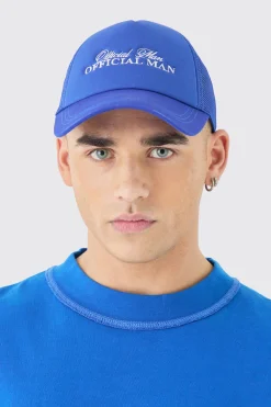 Official Man Embroidered Foam Cap With Mesh Panels In Blue | BoohooMAN UK