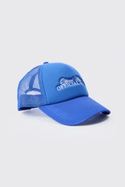 Official Man Embroidered Foam Cap With Mesh Panels In Blue | BoohooMAN UK