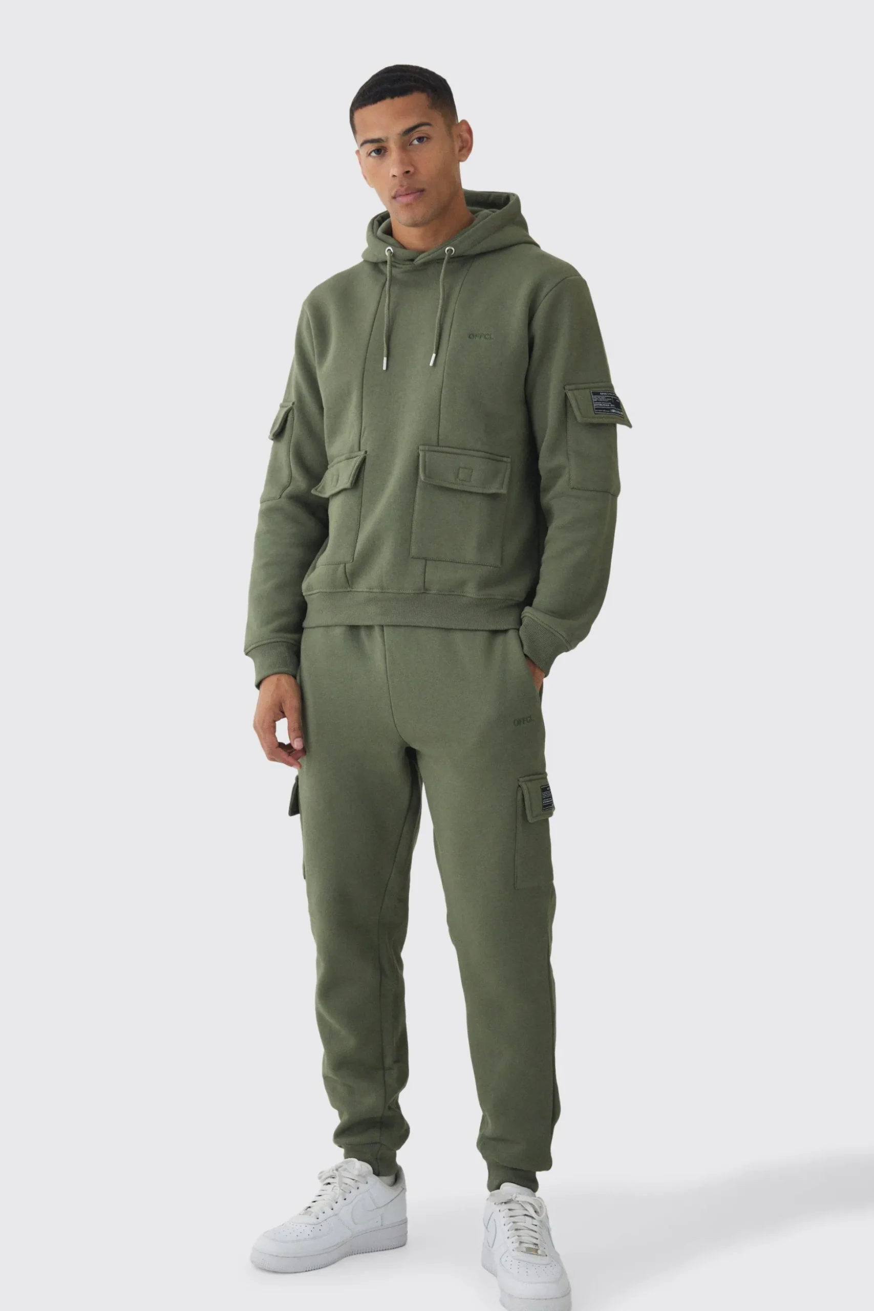 Official Man Regular Fit Panelled Cargo Hooded Tracksuit | BoohooMAN UK