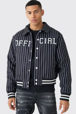 Official Pinstripe Varsity Bomber | BoohooMAN UK