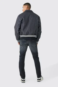 Official Pinstripe Varsity Bomber | BoohooMAN UK