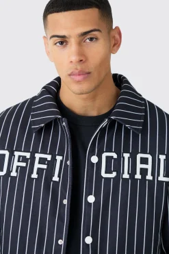 Official Pinstripe Varsity Bomber | BoohooMAN UK