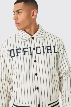 Official Pinstripe Varsity Bomber | BoohooMAN UK