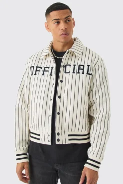 Official Pinstripe Varsity Bomber | BoohooMAN UK