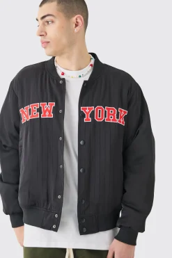 Official Satin Pinstripe Varsity Bomber | BoohooMAN UK
