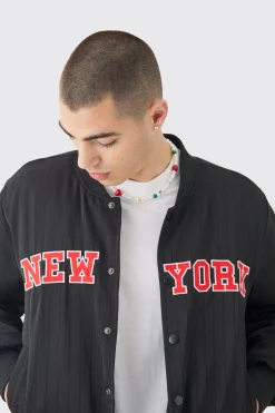 Official Satin Pinstripe Varsity Bomber | BoohooMAN UK