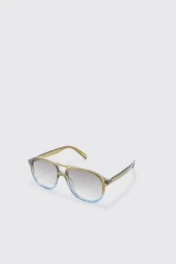 Ombre Frame Plastic Aviator Sunglasses In Khaki | BoohooMAN UK