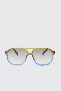 Ombre Frame Plastic Aviator Sunglasses In Khaki | BoohooMAN UK