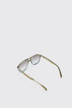 Ombre Frame Plastic Aviator Sunglasses In Khaki | BoohooMAN UK
