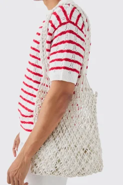 Open Knit Crochet Tote Bag In White | BoohooMAN UK