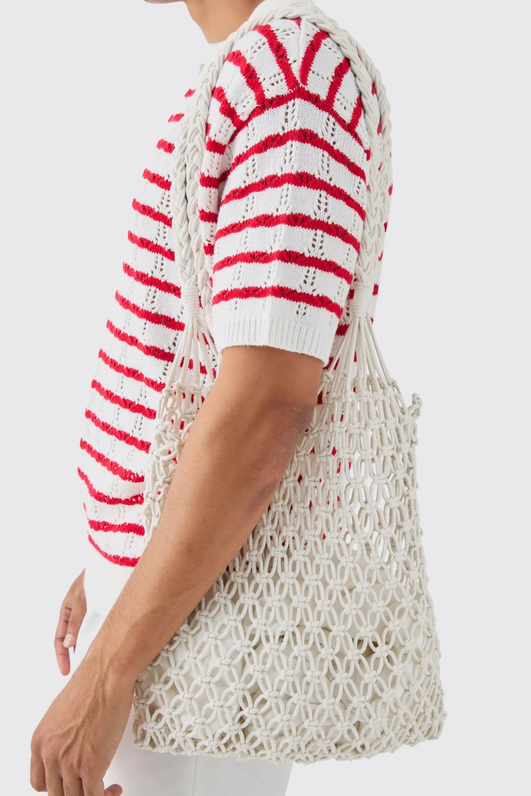 Open Knit Crochet Tote Bag In White | BoohooMAN UK