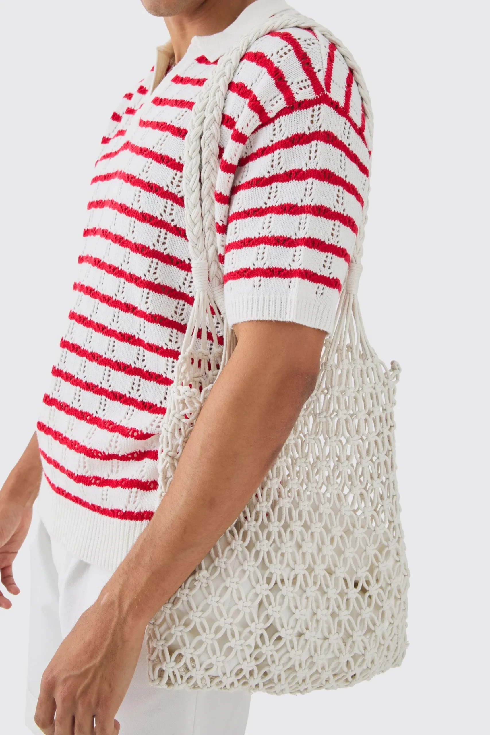 Open Knit Crochet Tote Bag In White | BoohooMAN UK