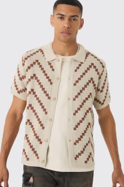 Open Knit Stripe Shirt In Ecru | BoohooMAN UK