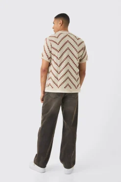 Open Knit Stripe Shirt In Ecru | BoohooMAN UK