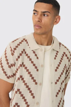 Open Knit Stripe Shirt In Ecru | BoohooMAN UK