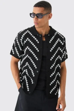 Open Knit Stripe Shirt In Black | BoohooMAN UK