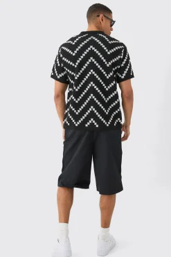 Open Knit Stripe Shirt In Black | BoohooMAN UK